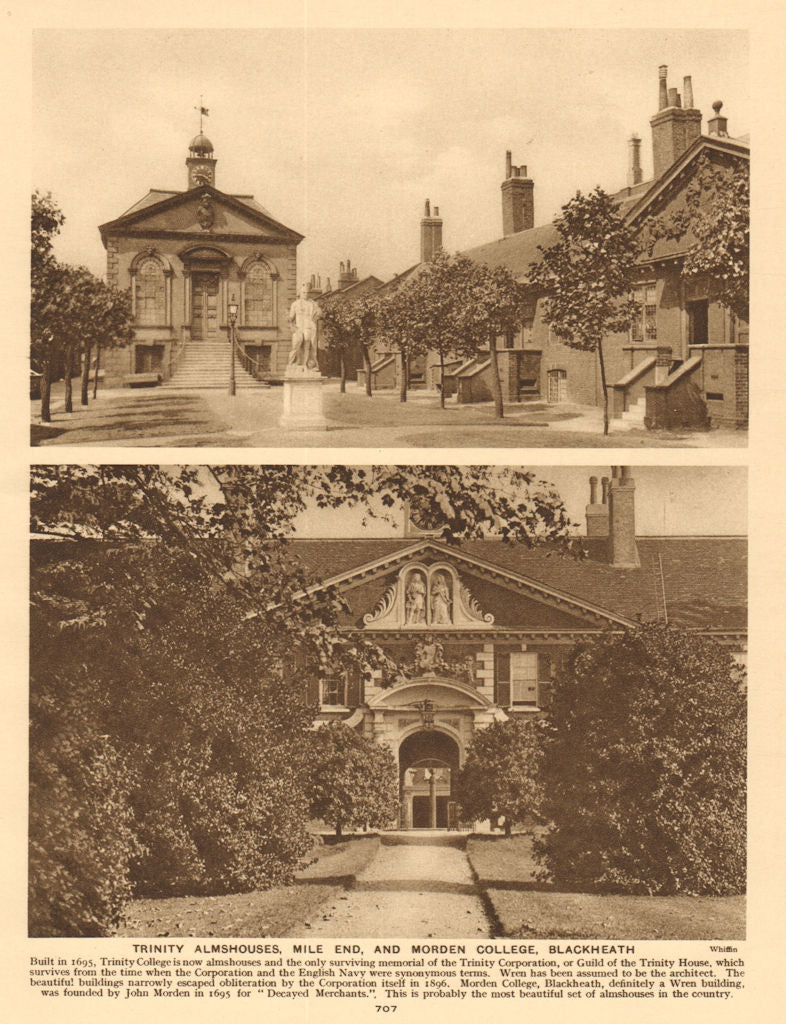 Trinity Almshouses, Mile End, and Morden College, Blackheath 1926 old print